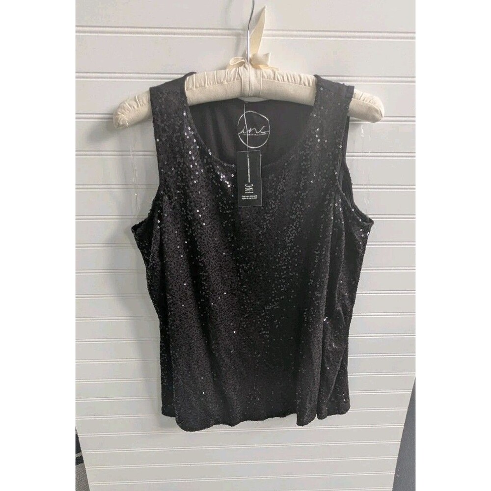 INC International Concepts Black Sequin Cold Shoulder T-Shirt Long Sleeve Top M